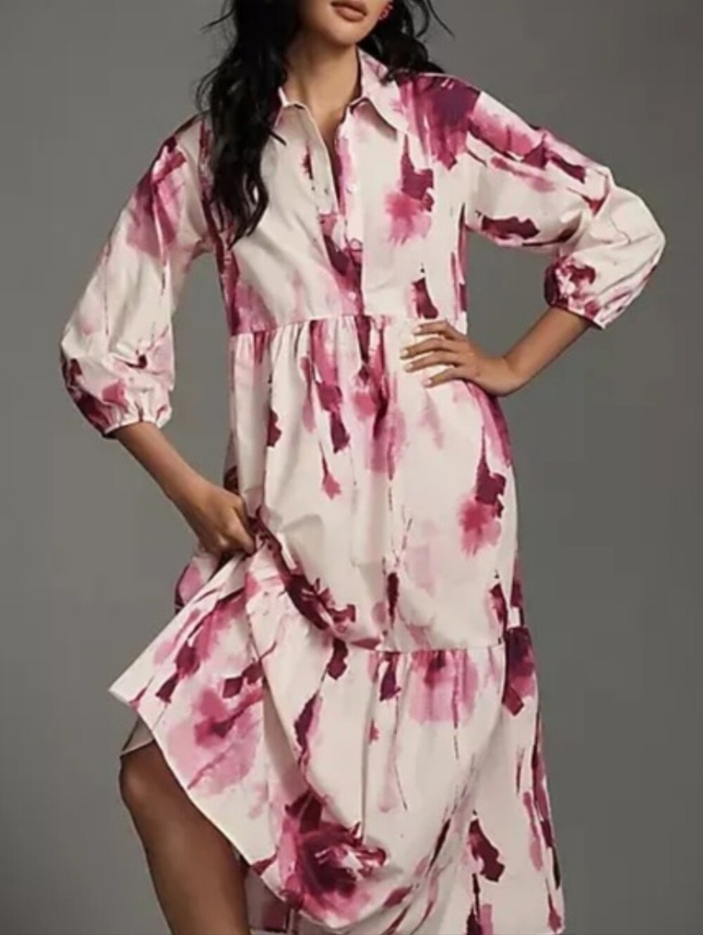 Maeve Bettina Dress Anthropologie Tiered Shirt Buttondown Watercolor Pink